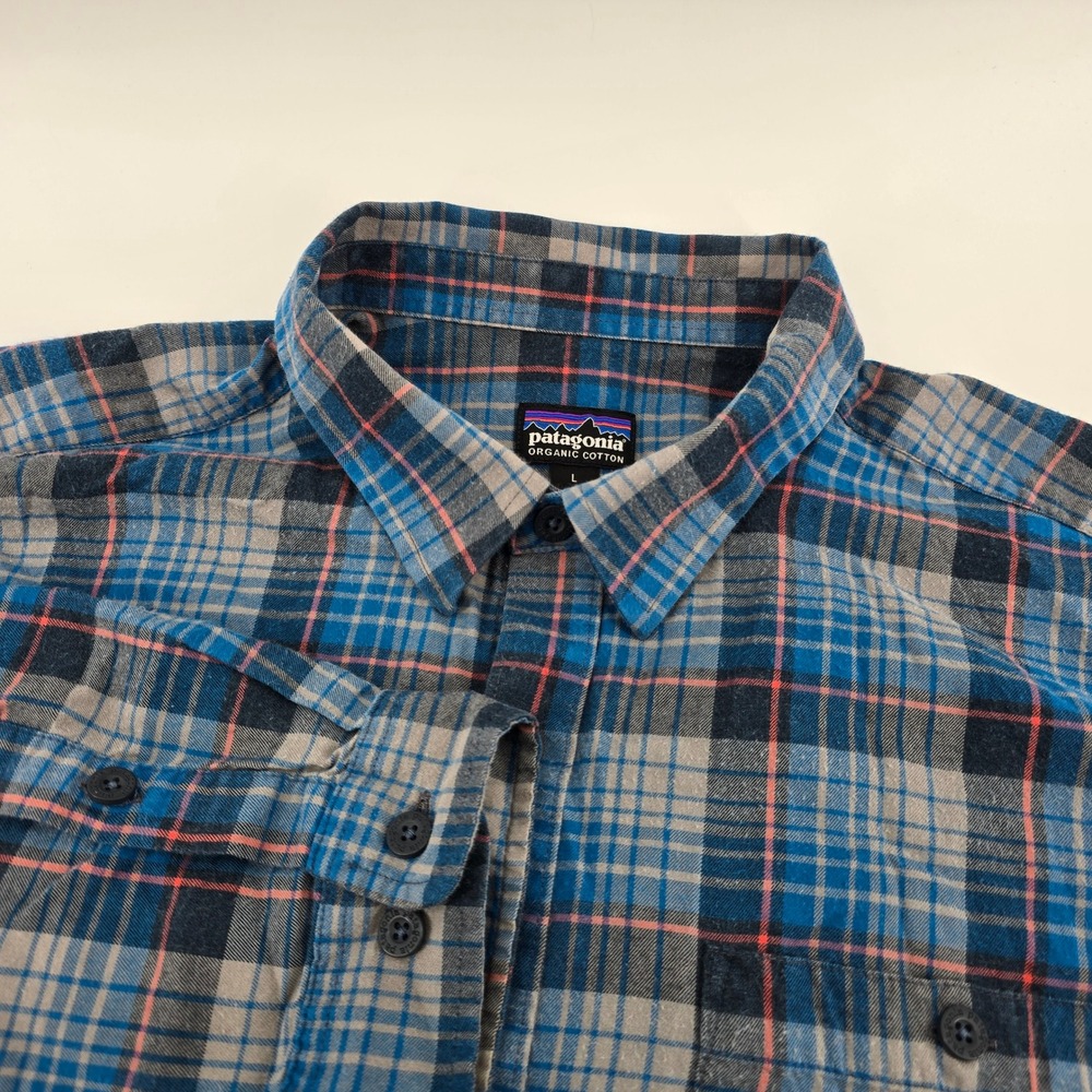 Patagonia Button Down Shirt Mens Organic Cotton Flannel Plaid Blue Grey L